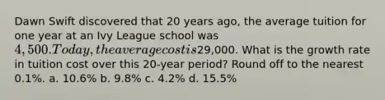 Dawn Swift discovered that 20 years ago, the average tuition for one year at an Ivy League school was 4,500. Today, the average cost is29,000. What is the growth rate in tuition cost over this 20-year period? Round off to the nearest 0.1%. a. 10.6% b. 9.8% c. 4.2% d. 15.5%