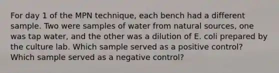 For day 1 of the MPN technique, each bench had a different sample. Two were samples of water from natural sources, one was tap water, and the other was a dilution of E. coli prepared by the culture lab. Which sample served as a positive control? Which sample served as a negative control?