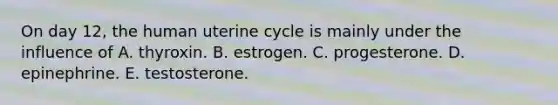 On day 12, the human uterine cycle is mainly under the influence of A. thyroxin. B. estrogen. C. progesterone. D. epinephrine. E. testosterone.