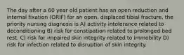 The day after a 60 year old patient has an open reduction and internal fixation (ORIF) for an open, displaced tibial fracture, the priority nursing diagnosis is A) activity intolerance related to deconditioning B) risk for constipation related to prolonged bed rest. C) risk for impaired skin integrity related to immobility D) risk for infection related to disruption of skin integrity.