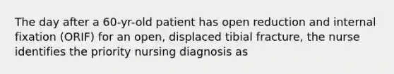 The day after a 60-yr-old patient has open reduction and internal fixation (ORIF) for an open, displaced tibial fracture, the nurse identifies the priority nursing diagnosis as