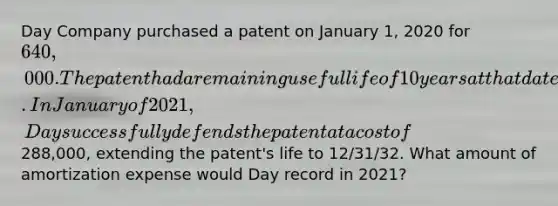 Day Company purchased a patent on January 1, 2020 for 640,000. The patent had a remaining useful life of 10 years at that date. In January of 2021, Day successfully defends the patent at a cost of288,000, extending the patent's life to 12/31/32. What amount of amortization expense would Day record in 2021?