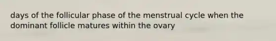 days of the follicular phase of the menstrual cycle when the dominant follicle matures within the ovary