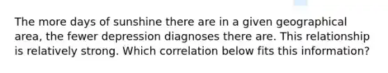 The more days of sunshine there are in a given geographical area, the fewer depression diagnoses there are. This relationship is relatively strong. Which correlation below fits this information?