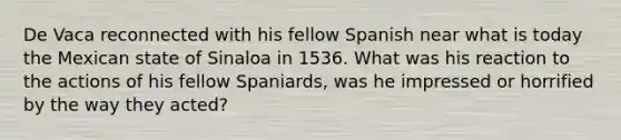 De Vaca reconnected with his fellow Spanish near what is today the Mexican state of Sinaloa in 1536. What was his reaction to the actions of his fellow Spaniards, was he impressed or horrified by the way they acted?