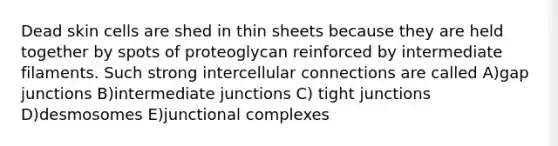 Dead skin cells are shed in thin sheets because they are held together by spots of proteoglycan reinforced by intermediate filaments. Such strong intercellular connections are called A)gap junctions B)intermediate junctions C) tight junctions D)desmosomes E)junctional complexes