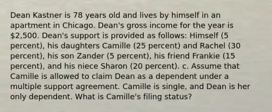 Dean Kastner is 78 years old and lives by himself in an apartment in Chicago. Dean's gross income for the year is 2,500. Dean's support is provided as follows: Himself (5 percent), his daughters Camille (25 percent) and Rachel (30 percent), his son Zander (5 percent), his friend Frankie (15 percent), and his niece Sharon (20 percent). c. Assume that Camille is allowed to claim Dean as a dependent under a multiple support agreement. Camille is single, and Dean is her only dependent. What is Camille's filing status?