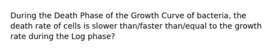 During the Death Phase of the Growth Curve of bacteria, the death rate of cells is slower than/faster than/equal to the growth rate during the Log phase?