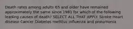 Death rates among adults 65 and older have remained approximately the same since 1981 for which of the following leading causes of death? SELECT ALL THAT APPLY. Stroke Heart disease Cancer Diabetes mellitus Influenza and pneumonia