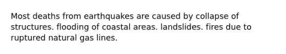 Most deaths from earthquakes are caused by collapse of structures. flooding of coastal areas. landslides. fires due to ruptured natural gas lines.