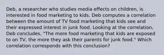 Deb, a researcher who studies media effects on children, is interested in food marketing to kids. Deb computes a correlation between the amount of TV food marketing that kids see and their expressed interest in junk food. Looking at the correlation, Deb concludes, "The more food marketing that kids are exposed to on TV, the more they ask their parents for junk food." Which correlation corresponds with this conclusion?