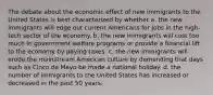 The debate about the economic effect of new immigrants to the United States is best characterized by whether a. the new immigrants will edge out current Americans for jobs in the high-tech sector of the economy. b. the new immigrants will cost too much in government welfare programs or provide a financial lift to the economy by paying taxes. c. the new immigrants will erode the mainstream American culture by demanding that days such as Cinco de Mayo be made a national holiday. d. the number of immigrants to the United States has increased or decreased in the past 50 years.