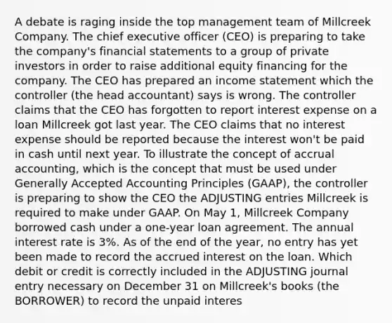 A debate is raging inside the top management team of Millcreek Company. The chief executive officer (CEO) is preparing to take the company's financial statements to a group of private investors in order to raise additional equity financing for the company. The CEO has prepared an income statement which the controller (the head accountant) says is wrong. The controller claims that the CEO has forgotten to report interest expense on a loan Millcreek got last year. The CEO claims that no interest expense should be reported because the interest won't be paid in cash until next year. To illustrate the concept of accrual accounting, which is the concept that must be used under Generally Accepted Accounting Principles (GAAP), the controller is preparing to show the CEO the ADJUSTING entries Millcreek is required to make under GAAP. On May 1, Millcreek Company borrowed cash under a one-year loan agreement. The annual interest rate is 3%. As of the end of the year, no entry has yet been made to record the accrued interest on the loan. Which debit or credit is correctly included in the ADJUSTING journal entry necessary on December 31 on Millcreek's books (the BORROWER) to record the unpaid interes