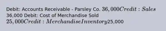 Debit: Accounts Receivable - Parsley Co. 36,000 Credit: Sales36,000 Debit: Cost of Merchandise Sold 25,000 Credit: Merchandise Inventory25,000