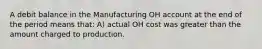 A debit balance in the Manufacturing OH account at the end of the period means that: A) actual OH cost was greater than the amount charged to production.