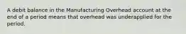 A debit balance in the Manufacturing Overhead account at the end of a period means that overhead was underapplied for the period.