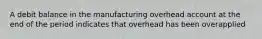 A debit balance in the manufacturing overhead account at the end of the period indicates that overhead has been overapplied