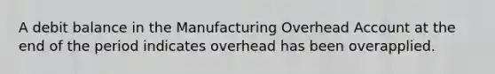 A debit balance in the Manufacturing Overhead Account at the end of the period indicates overhead has been overapplied.