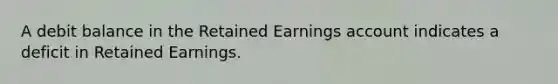 A debit balance in the Retained Earnings account indicates a deficit in Retained Earnings.