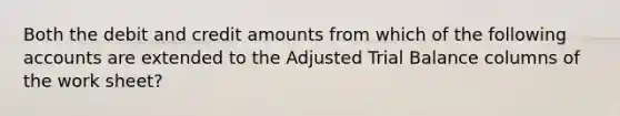 Both the debit and credit amounts from which of the following accounts are extended to the Adjusted Trial Balance columns of <a href='https://www.questionai.com/knowledge/kriWZtSKBY-the-work-sheet' class='anchor-knowledge'>the work sheet</a>?