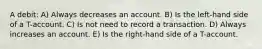 A debit: A) Always decreases an account. B) Is the left-hand side of a T-account. C) Is not need to record a transaction. D) Always increases an account. E) Is the right-hand side of a T-account.