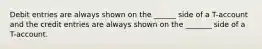 Debit entries are always shown on the ______ side of a T-account and the credit entries are always shown on the _______ side of a T-account.