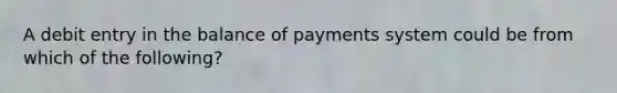 A debit entry in the balance of payments system could be from which of the following?