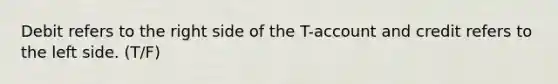 Debit refers to the right side of the T-account and credit refers to the left side. (T/F)