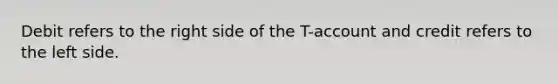 Debit refers to the right side of the T-account and credit refers to the left side.