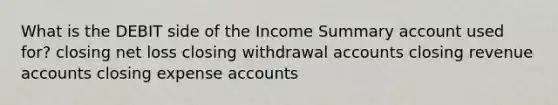 What is the DEBIT side of the Income Summary account used for? closing net loss closing withdrawal accounts closing revenue accounts closing expense accounts