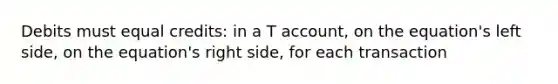 Debits must equal credits: in a T account, on the equation's left side, on the equation's right side, for each transaction