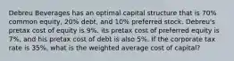 Debreu Beverages has an optimal capital structure that is 70% common equity, 20% debt, and 10% preferred stock. Debreu's pretax cost of equity is 9%. its pretax cost of preferred equity is 7%, and his pretax cost of debt is also 5%. If the corporate tax rate is 35%, what is the weighted average cost of capital?