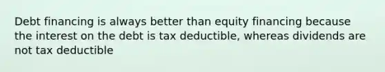 Debt financing is always better than equity financing because the interest on the debt is tax deductible, whereas dividends are not tax deductible