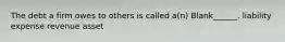 The debt a firm owes to others is called a(n) Blank______. liability expense revenue asset