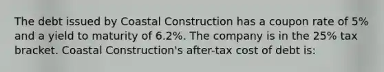 The debt issued by Coastal Construction has a coupon rate of 5% and a yield to maturity of 6.2%. The company is in the 25% tax bracket. Coastal Construction's after-tax cost of debt is: