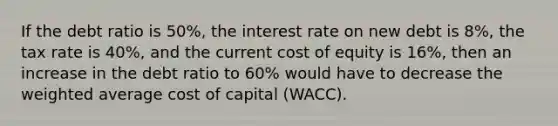 If the debt ratio is 50%, the interest rate on new debt is 8%, the tax rate is 40%, and the current cost of equity is 16%, then an increase in the debt ratio to 60% would have to decrease the weighted average cost of capital (WACC).