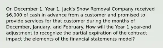 On December 1, Year 1, Jack's Snow Removal Company received 6,000 of cash in advance from a customer and promised to provide services for that customer during the months of December, January, and February. How will the Year 1 year-end adjustment to recognize the partial expiration of the contract impact the elements of the financial statements model?