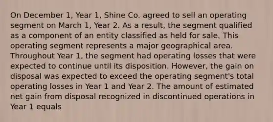 On December 1, Year 1, Shine Co. agreed to sell an operating segment on March 1, Year 2. As a result, the segment qualified as a component of an entity classified as held for sale. This operating segment represents a major geographical area. Throughout Year 1, the segment had operating losses that were expected to continue until its disposition. However, the gain on disposal was expected to exceed the operating segment's total operating losses in Year 1 and Year 2. The amount of estimated net gain from disposal recognized in discontinued operations in Year 1 equals