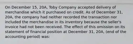 On December 15, 20A, Toby Company accepted delivery of merchandise which it purchased on credit. As of December 31, 20A, the company had neither recorded the transaction nor included the merchandise in its inventory because the seller's invoice had not been received. The effect of this omission on its statement of financial position at December 31, 20A, (end of the accounting period) was: