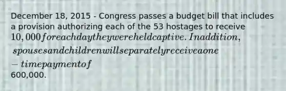 December 18, 2015 - Congress passes a budget bill that includes a provision authorizing each of the 53 hostages to receive 10,000 for each day they were held captive. In addition, spouses and children will separately receive a one-time payment of600,000.