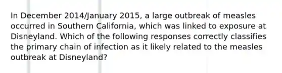 In December 2014/January 2015, a large outbreak of measles occurred in Southern California, which was linked to exposure at Disneyland. Which of the following responses correctly classifies the primary chain of infection as it likely related to the measles outbreak at Disneyland?