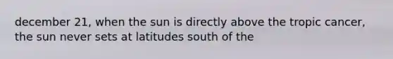 december 21, when the sun is directly above the tropic cancer, the sun never sets at latitudes south of the