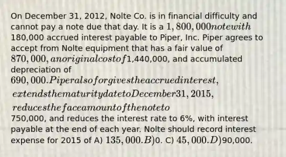 On December 31, 2012, Nolte Co. is in financial difficulty and cannot pay a note due that day. It is a 1,800,000 note with180,000 accrued interest payable to Piper, Inc. Piper agrees to accept from Nolte equipment that has a fair value of 870,000, an original cost of1,440,000, and accumulated depreciation of 690,000. Piper also forgives the accrued interest, extends the maturity date to December 31, 2015, reduces the face amount of the note to750,000, and reduces the interest rate to 6%, with interest payable at the end of each year. Nolte should record interest expense for 2015 of A) 135,000. B)0. C) 45,000. D)90,000.