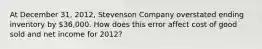 At December 31, 2012, Stevenson Company overstated ending inventory by 36,000. How does this error affect cost of good sold and net income for 2012?