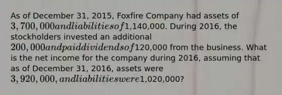 As of December 31, 2015, Foxfire Company had assets of 3,700,000 and liabilities of1,140,000. During 2016, the stockholders invested an additional 200,000 and paid dividends of120,000 from the business. What is the net income for the company during 2016, assuming that as of December 31, 2016, assets were 3,920,000, and liabilities were1,020,000?