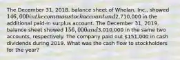 The December 31, 2018, balance sheet of Whelan, Inc., showed 146,000 in the common stock account and2,710,000 in the additional paid-in surplus account. The December 31, 2019, balance sheet showed 156,000 and3,010,000 in the same two accounts, respectively. The company paid out 151,000 in cash dividends during 2019. What was the cash flow to stockholders for the year?