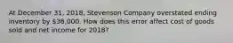At December​ 31, 2018​, Stevenson Company overstated ending inventory by​ 36,000. How does this error affect cost of goods sold and net income for 2018​?