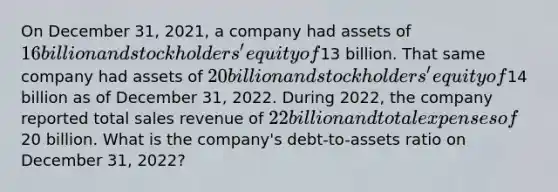 On December 31, 2021, a company had assets of 16 billion and stockholders' equity of13 billion. That same company had assets of 20 billion and stockholders' equity of14 billion as of December 31, 2022. During 2022, the company reported total sales revenue of 22 billion and total expenses of20 billion. What is the company's debt-to-assets ratio on December 31, 2022?