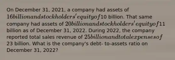 On December 31, 2021, a company had assets of 16 billion and stockholders' equity of10 billion. That same company had assets of 20 billion and stockholders' equity of11 billion as of December 31, 2022. During 2022, the company reported total sales revenue of 25 billion and total expenses of23 billion. What is the company's debt- to-assets ratio on December 31, 2022?