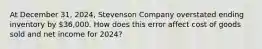 At December​ 31, 2024​, Stevenson Company overstated ending inventory by​ 36,000. How does this error affect cost of goods sold and net income for 2024​?